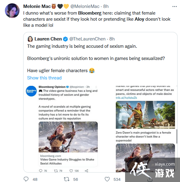 彭博社引《地平线》女主谈游戏界性别歧视 被批踩一捧一
