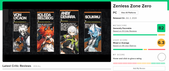 《绝区零》M站均分涨至82!玩家评分为6.3分 《绝区零》M站均分涨至82!玩家评分为6.3分