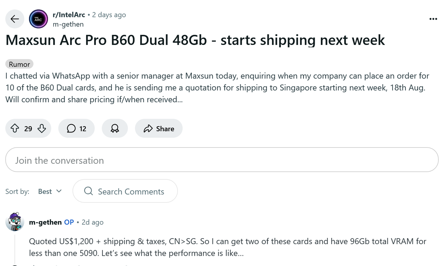 Ϣu˫о 48GB Դ Pro B60 ԿԼ 1200 Ԫ