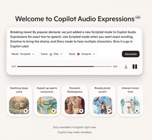 微软 Copilot 新增音频表达式功能,莎士比亚腔、体育解说都能整 微软 Copilot 新增音频表达式功能,莎士比亚腔、体育解说都能整
