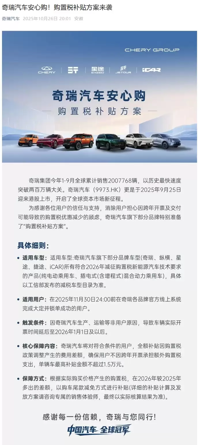 奇瑞汽车公布购置税补贴方案:单辆最高 1.5 万元,适用纵横、星途、捷途、iCAR 等品牌 奇瑞汽车公布购置税补贴方案:单辆最高 1.5 万元,适用纵横、星途、捷途、iCAR 等品牌