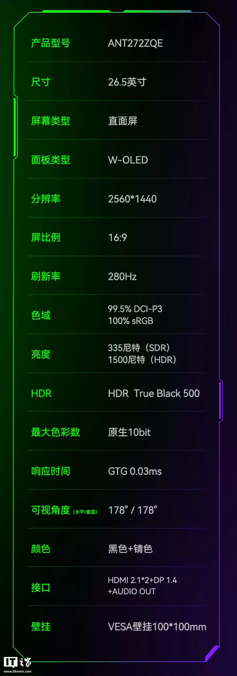 ϵ羺ƳANT272ZQE26.5 Ӣʾ2K 280Hz W-OLEDԭ 10-Bit2999 Ԫ