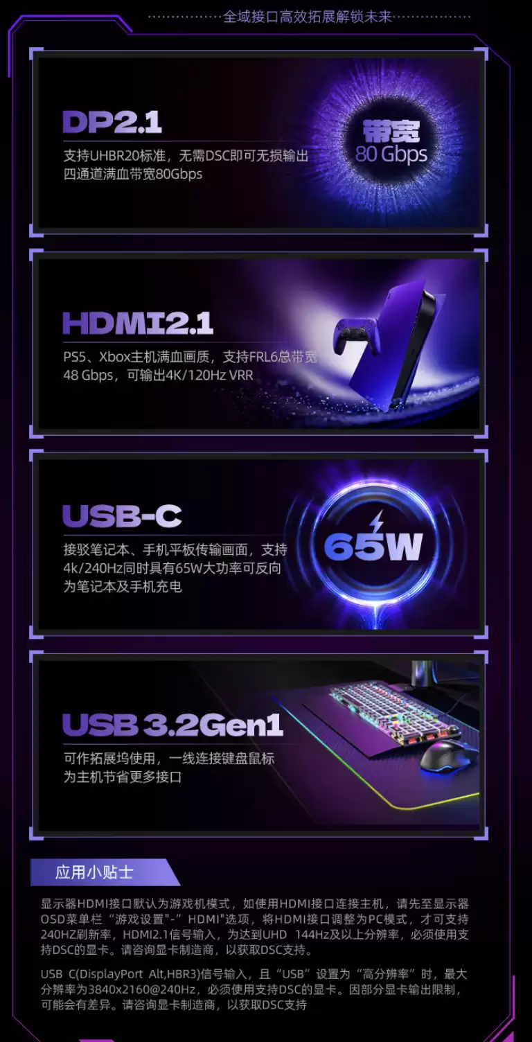 AOC ƳAGP327UZD31.5 Ӣʾ4K 240Hz / FHD 480Hz OLEDԭ 10-Bit + ˫6499 Ԫ