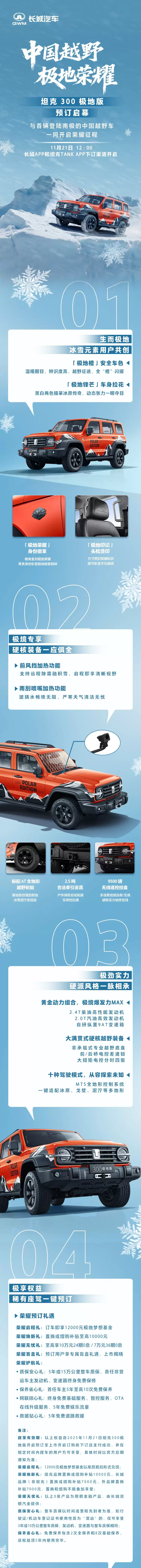 全球限量 300 台,长城坦克 300 极地版将于 12 月 11 日上市 全球限量 300 台,长城坦克 300 极地版将于 12 月 11 日上市