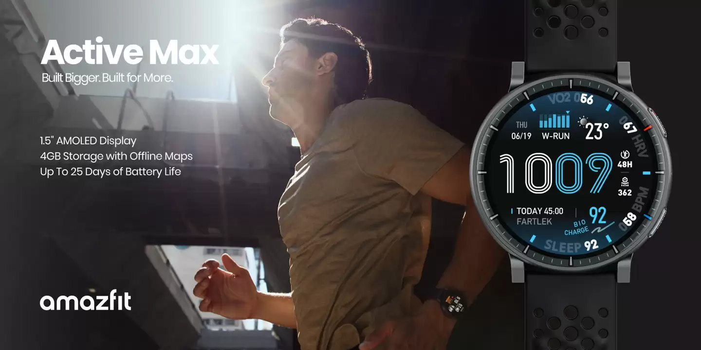 Amazfit Ծ���Ƴ� Active Max �˶������ֱ���1.5 Ӣ�� 3000nits ��ֵ���� OLED Բ��