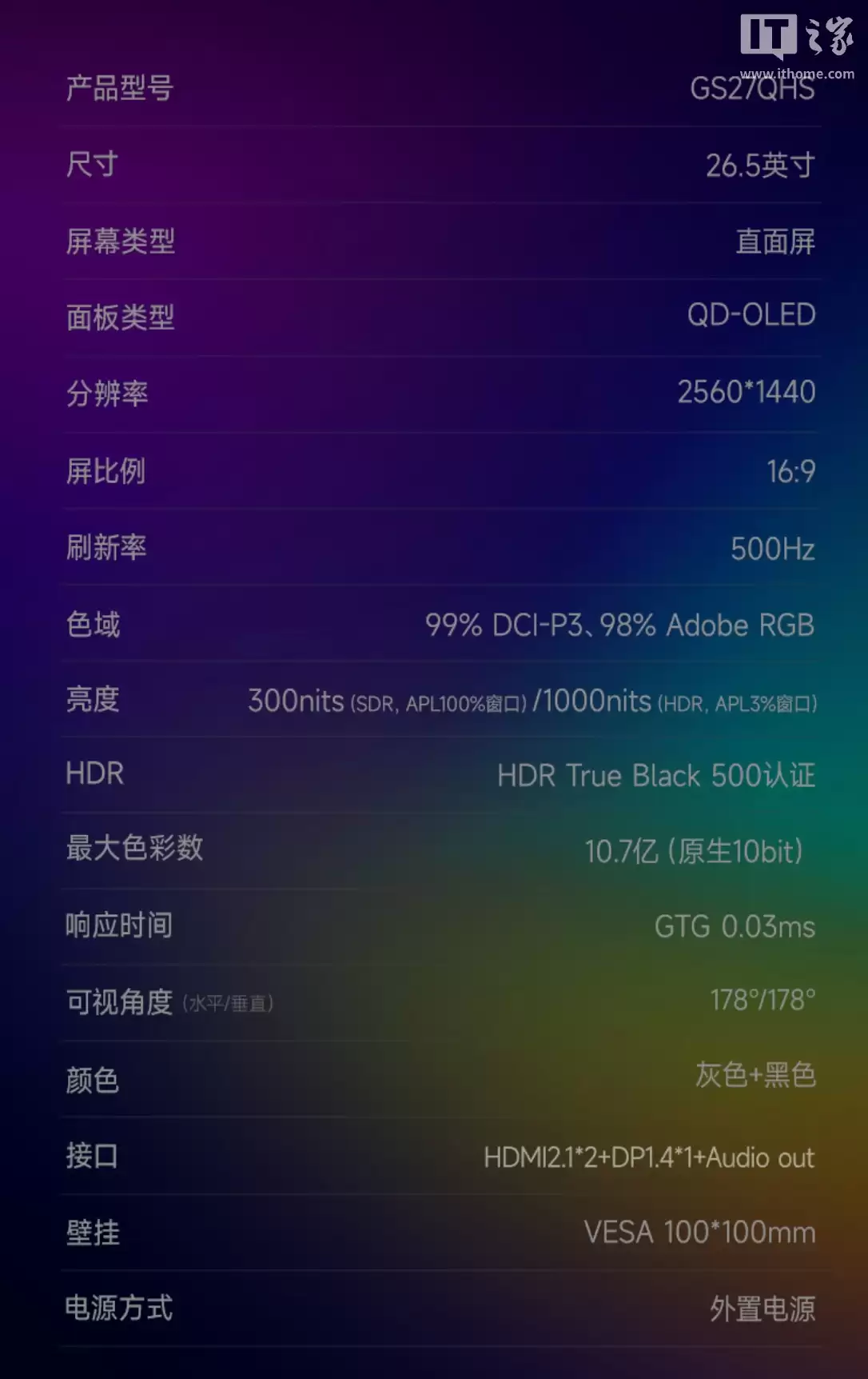 HKC �ϼܡ�GS27QHS��26.5 Ӣ����ʾ���� 2K 500Hz QD-OLED��ԭ�� 10-Bit ɫ�ʣ�4999 Ԫ