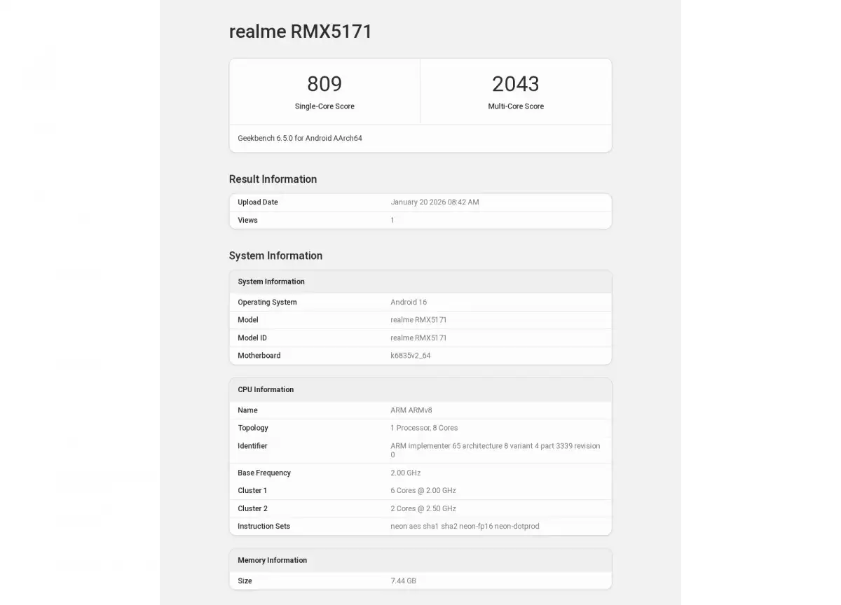 realme ���� 16 ��׼���ֻ����� Geekbench������ 6400 + 8GB RAM