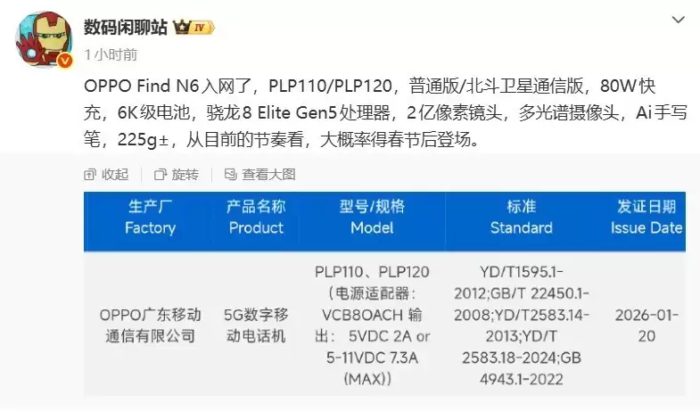 OPPO Find N6������6000mAh˫��о+2������+����8 Elite��3�·���