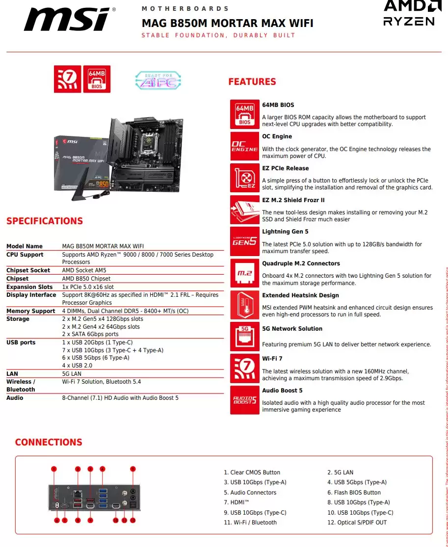 ΢�� MAG B850M MORTAR MAX WIFI �����°������ع⣬������һ�� PCIe ���