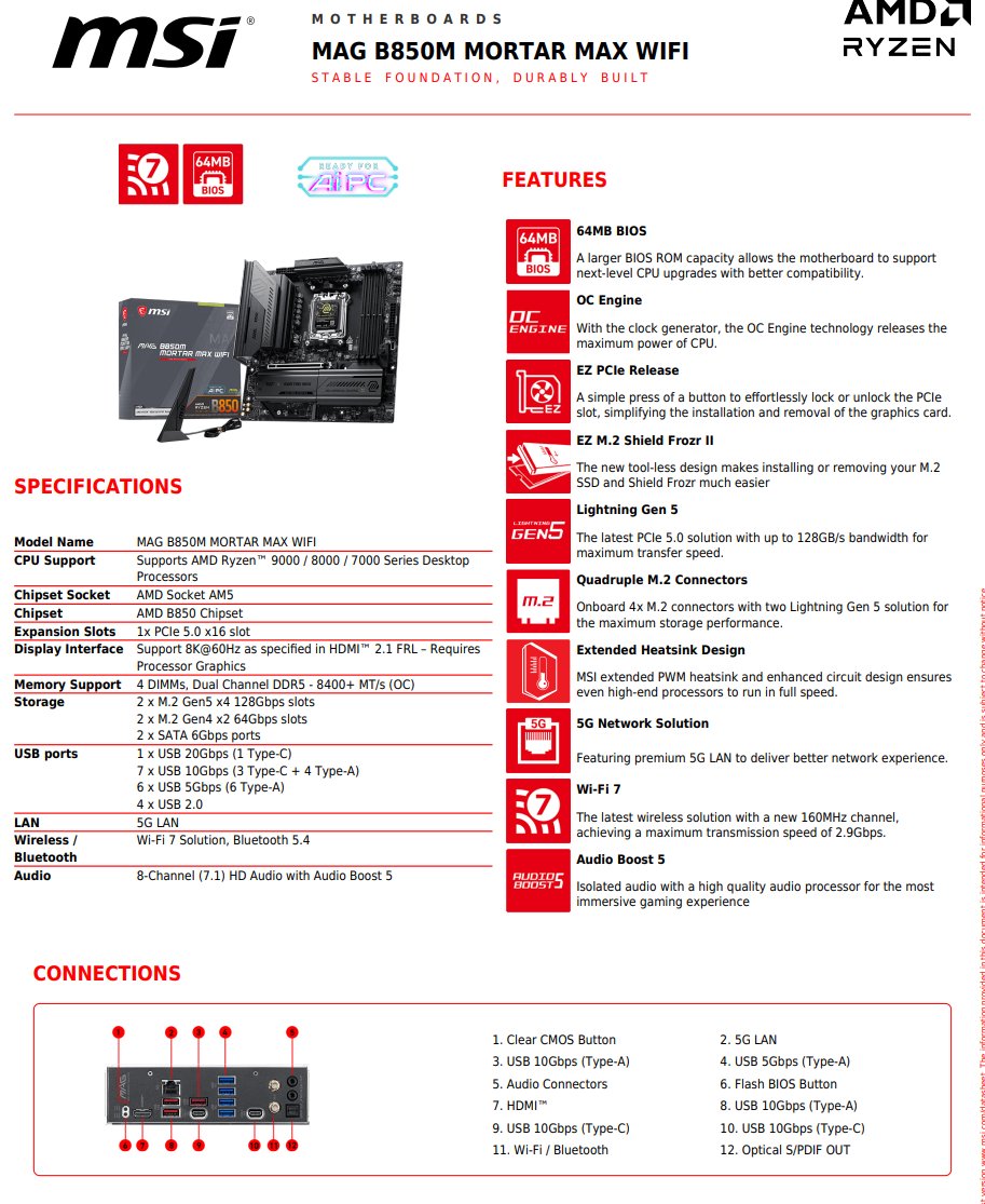 ΢�� MAG B850M MORTAR MAX WIFI �����°������ع⣬������һ�� PCIe ���