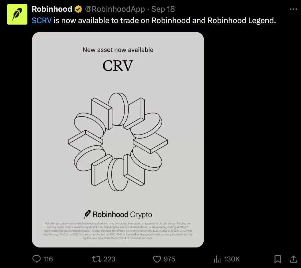 Curve DAO(CRV)����Robinhood����:�����᰸��۸�����,��ͻ��1��Ԫ��