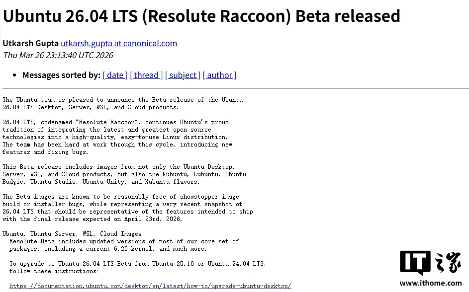 Ubuntu 26.04 LTS Beta 版发布:基于 Linux 7.0 + GNOME 50 + Mesa 26.0 Ubuntu 26.04 LTS Beta 版发布:基于 Linux 7.0 + GNOME 50 + Mesa 26.0